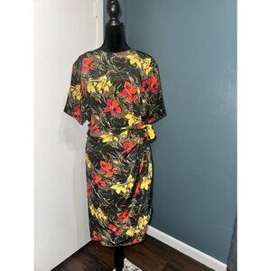 Vintage 1980's Gillian 100% Silk Bright Floral Dress Wrap Size 12 Botanical